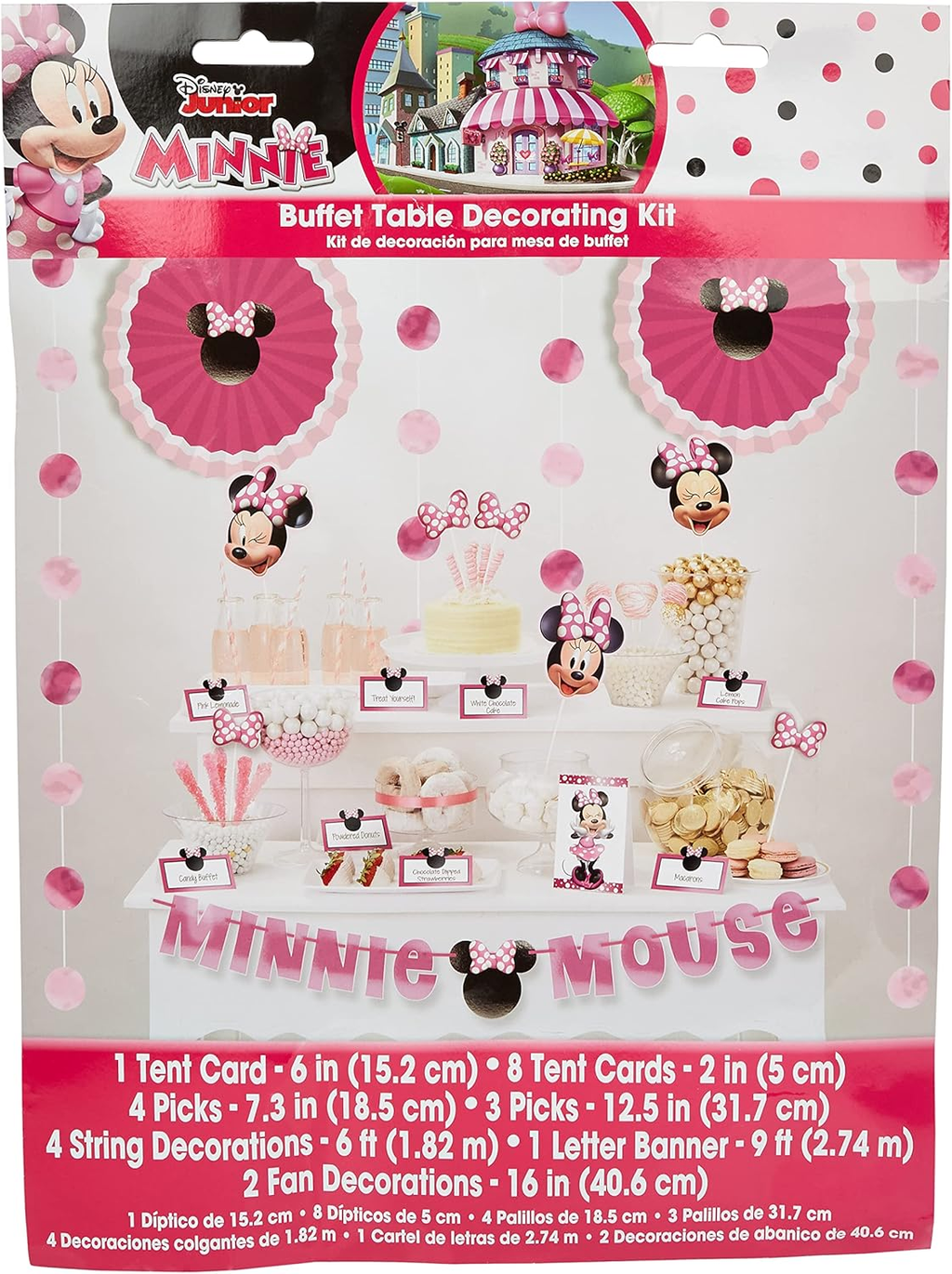 Pink Minnie Mouse buffet table decorating kit birthday theme from Parte Haus party supply store in Bethesda Maryland