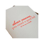 White and red letterpress greeting card with playful message for Mother’s Day from Parte Haus party supply store in Bethesda, Maryland