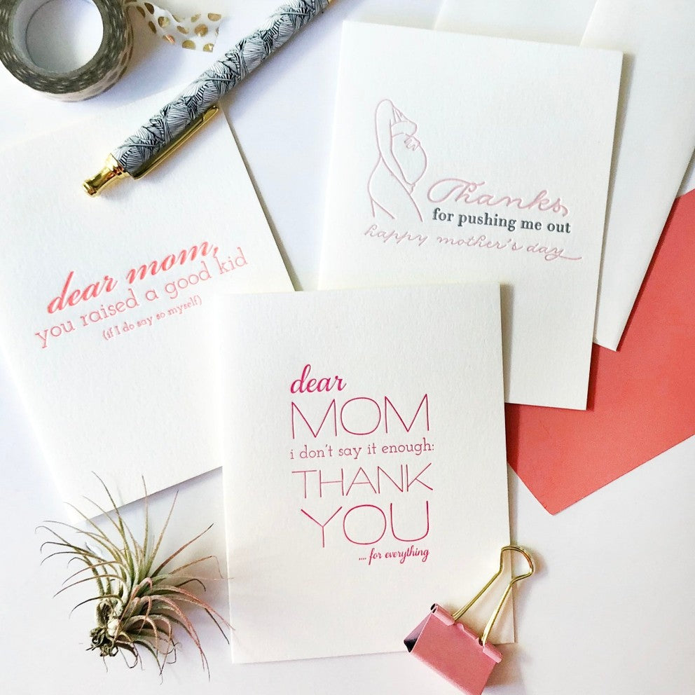 Pink and white letterpress Mother's Day greeting cards with handwritten fonts for Mother's Day from Parte Haus party supply store in Bethesda Maryland