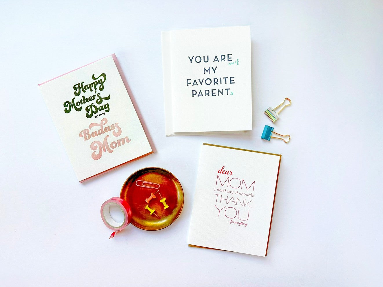 Pink and green letterpress Mother’s Day greeting cards with stationery gift set for Mother’s Day from Parte Haus party supply store in Bethesda MD