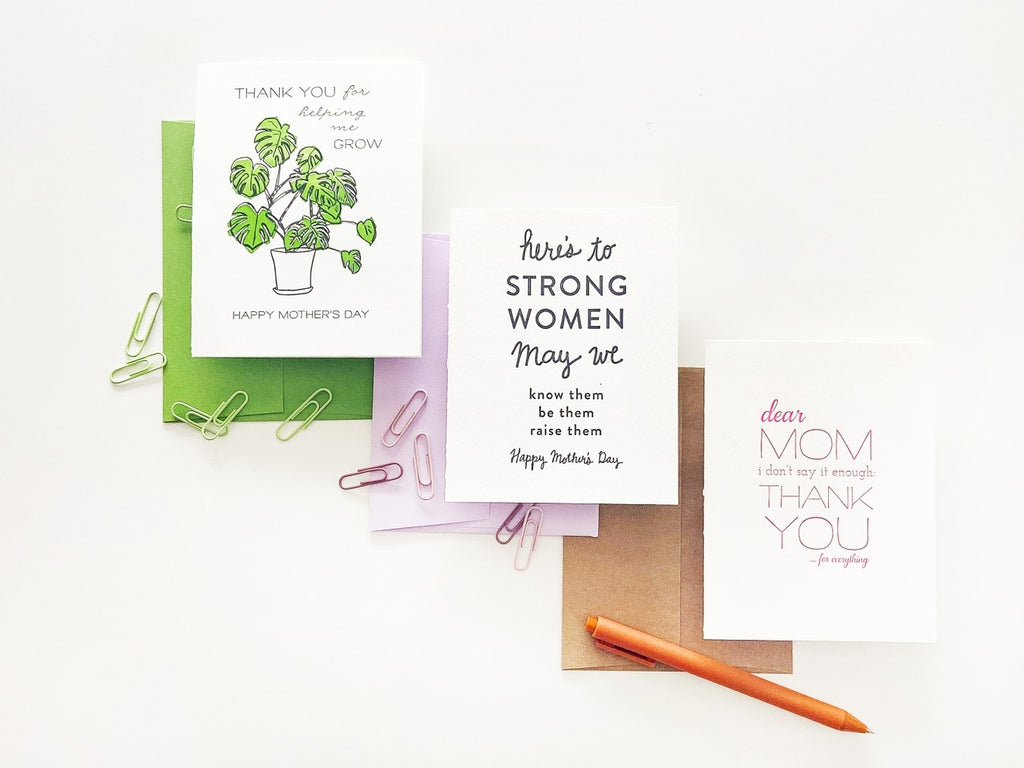 White and green letterpress Mother's Day greeting cards with envelopes for Mother's Day from Parte Haus party supply store in Bethesda MD