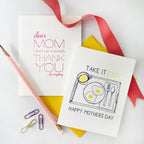 White and yellow letterpress Mother's Day greeting cards breakfast theme from Parte Haus party supply store in Bethesda MD