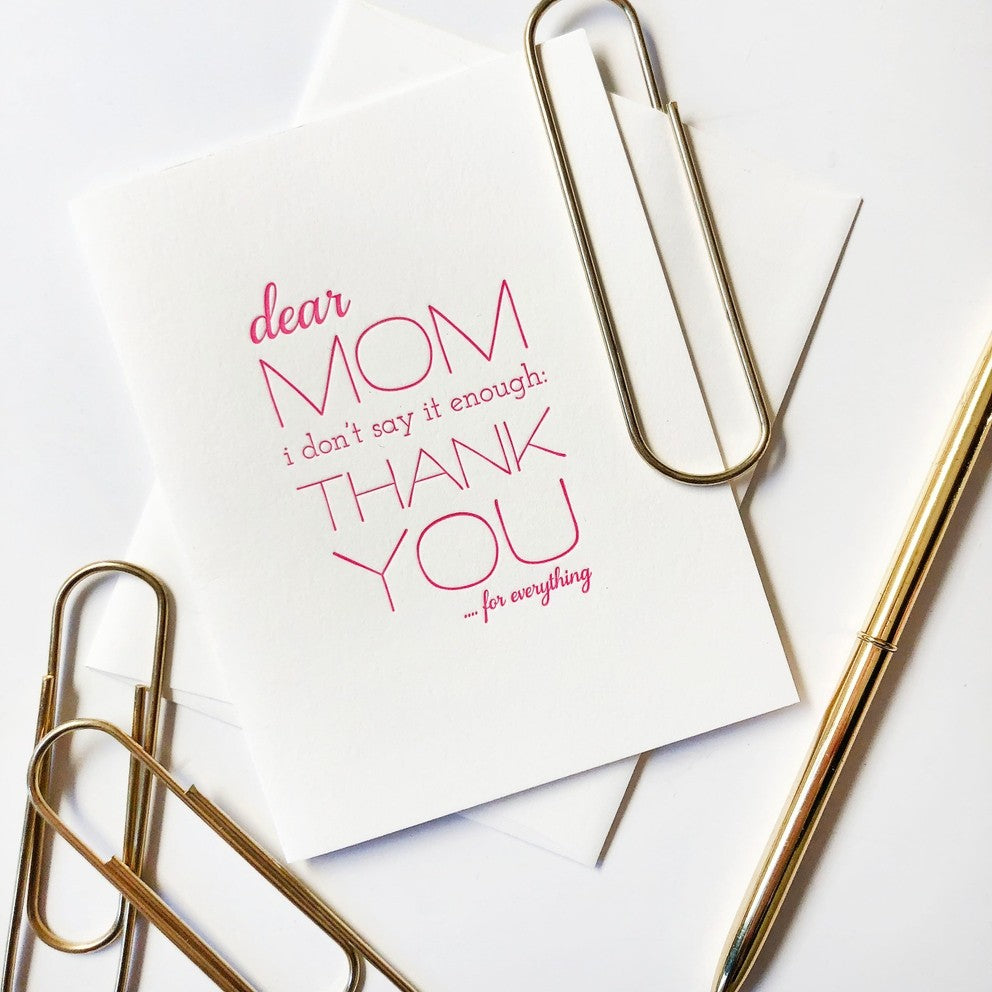 white and pink letterpress Mothers Day greeting card with envelope for mom from Parte Haus party supply store in Bethesda MD