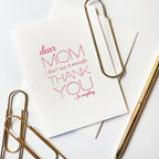 white and pink letterpress Mothers Day greeting card with envelope for mom from Parte Haus party supply store in Bethesda MD
