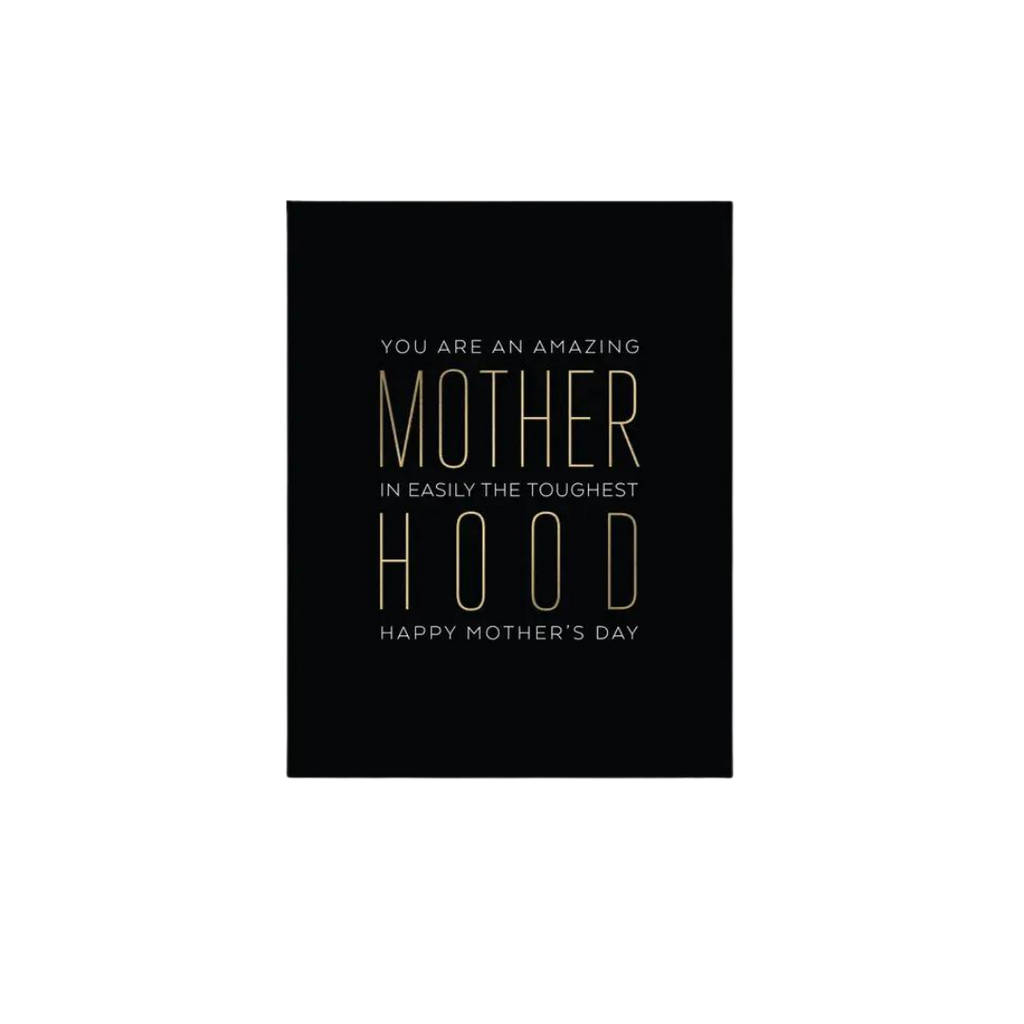 Black Mothers Day greeting card with gold text celebrating motherhood from Parte Haus party supply store in Bethesda Maryland