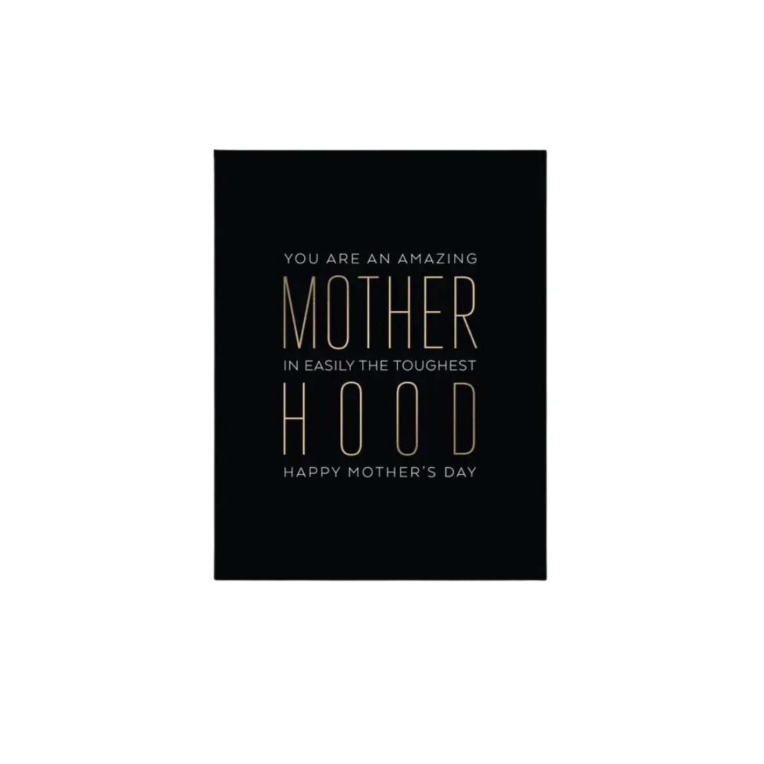 Black Mothers Day greeting card with gold text celebrating motherhood from Parte Haus party supply store in Bethesda Maryland