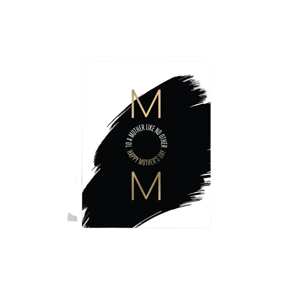 Black and white Mother’s Day greeting card with gold MOM and modern brushstroke from Parte Haus party supply store in Bethesda MD