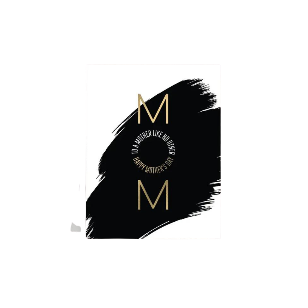 Black and white Mother’s Day greeting card with gold MOM and modern brushstroke from Parte Haus party supply store in Bethesda MD
