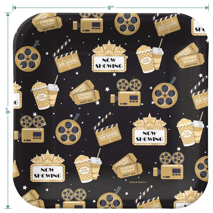 Black and gold movie theme dinner plate with popcorn and film icons for movie night from Parte Haus party supply store in Bethesda MD