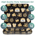 Black and gold movie theme dinner plate with popcorn and film reel design for movie night from Parte Haus party supply store in Bethesda MD