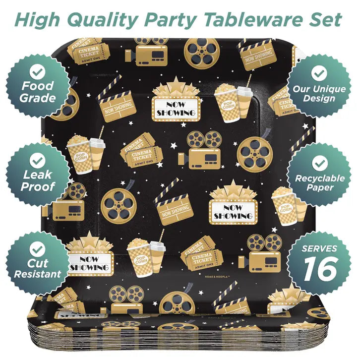 Black and gold movie theme dinner plate with popcorn and film reel design for movie night from Parte Haus party supply store in Bethesda MD