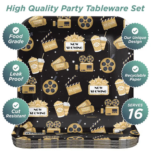 Black and gold movie theme dinner plate with popcorn and film reel design for movie night from Parte Haus party supply store in Bethesda MD