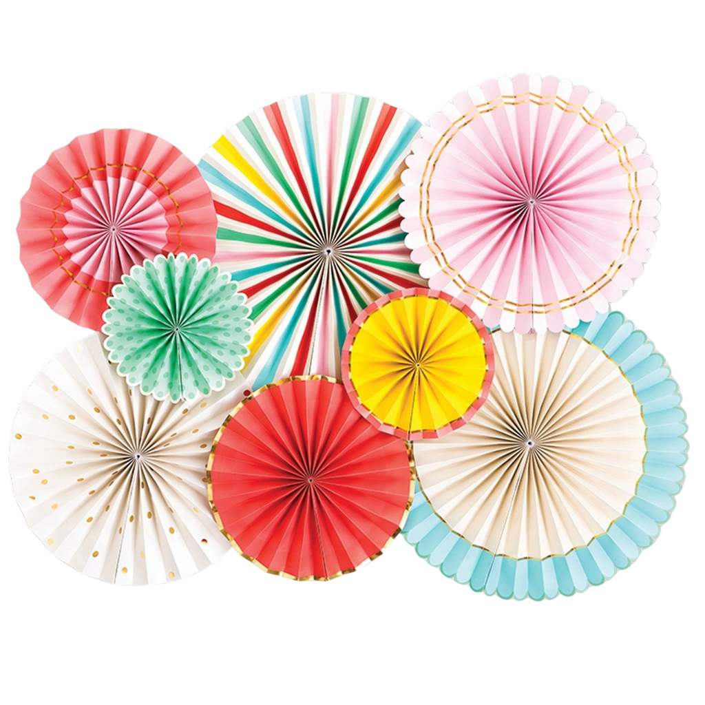 Multicolored paper party fans with gold trim fun celebration decor from Parte Haus party supply store in Bethesda MD