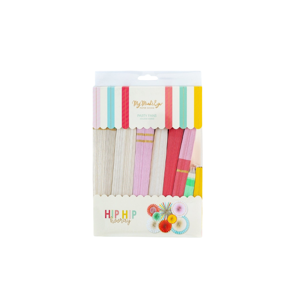 Multicolored paper party fans with stripes and pastel packaging for birthday celebrations from Parte Haus party supply store in Bethesda Maryland