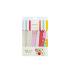 Multicolored paper party fans with stripes and pastel packaging for birthday celebrations from Parte Haus party supply store in Bethesda Maryland