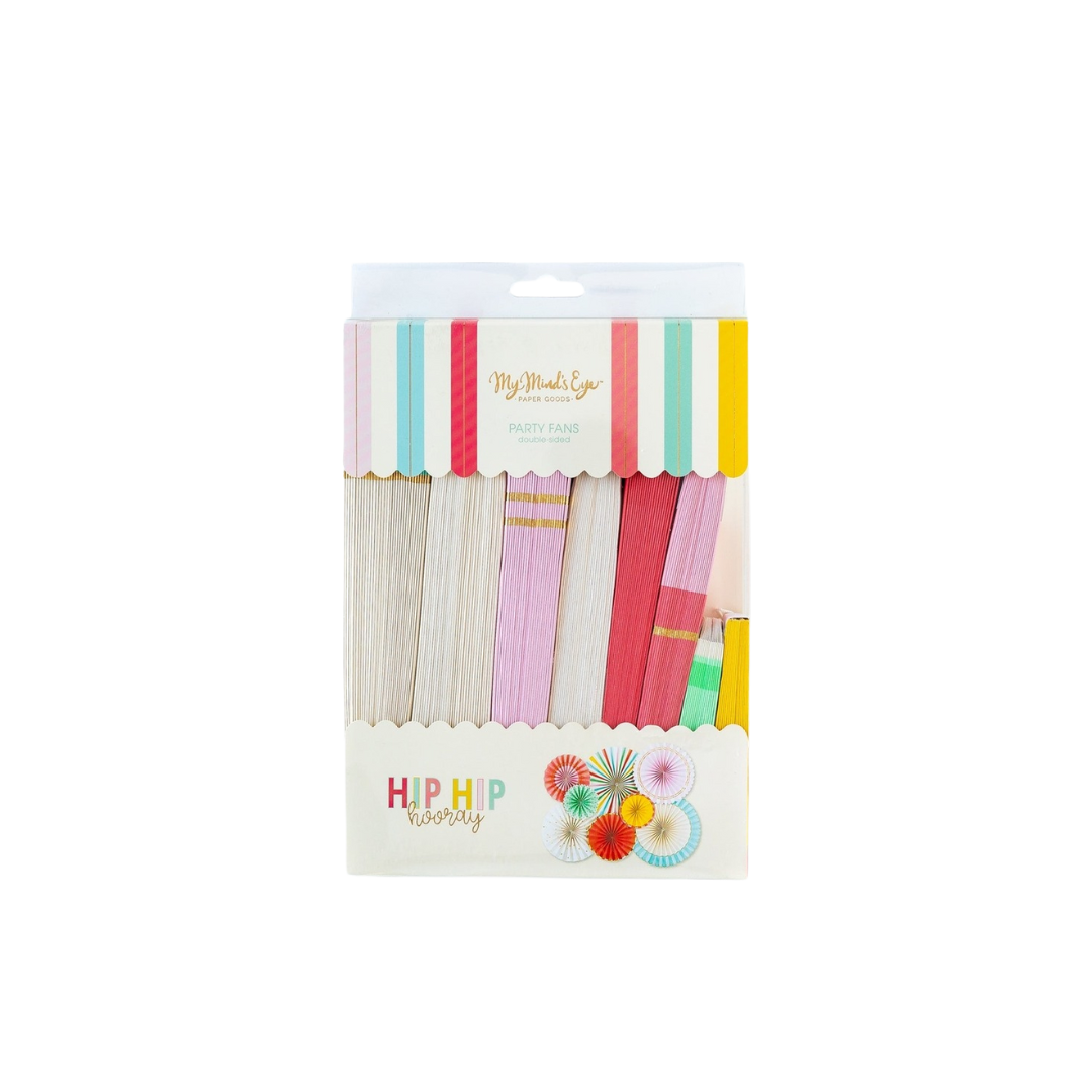 Multicolored paper party fans with stripes and pastel packaging for birthday celebrations from Parte Haus party supply store in Bethesda Maryland