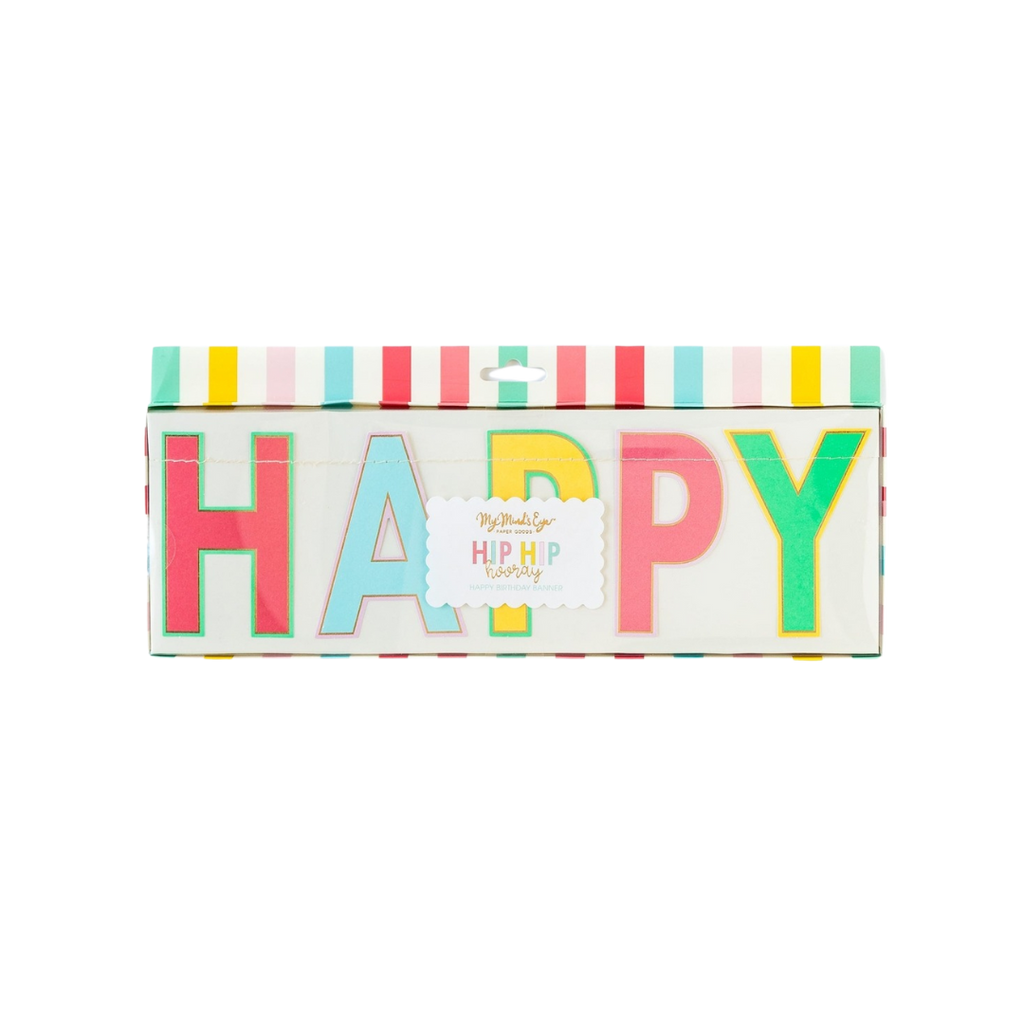 Multicolor happy birthday banner with bold letters for birthday theme from Parte Haus party supply store in Bethesda MD