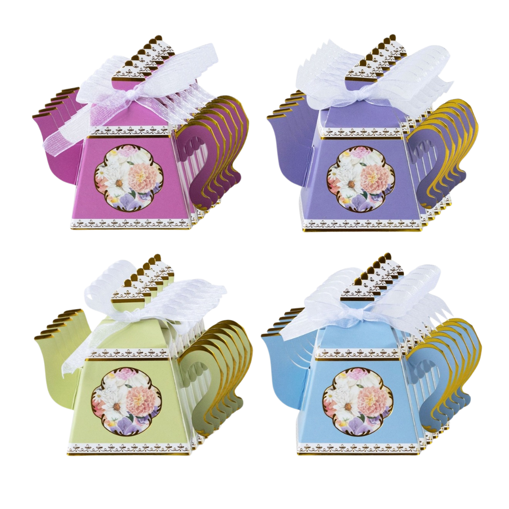 Multicolor tea pot favor box with floral design for tea party theme from Parte Haus party supply store in Bethesda MD