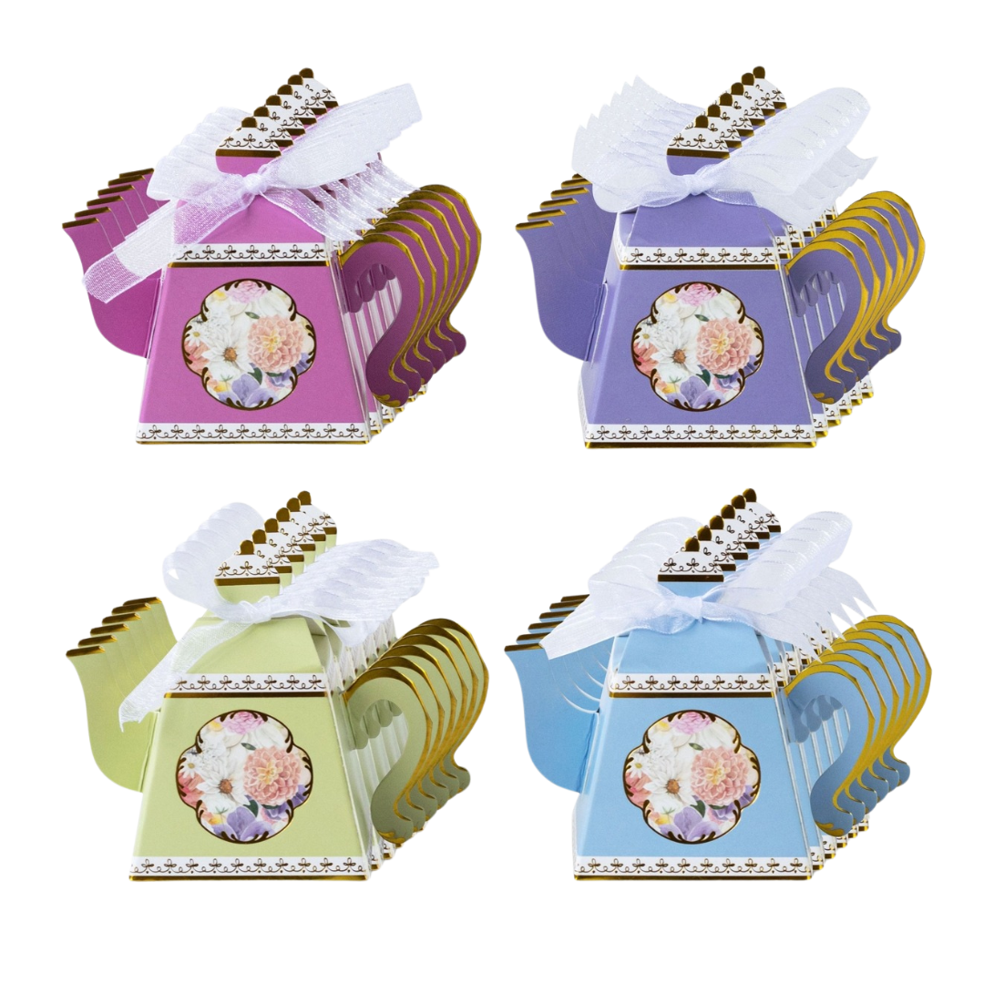 Multicolor tea pot favor box with floral design for tea party theme from Parte Haus party supply store in Bethesda MD