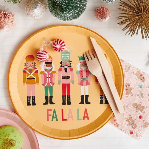 Multicolored Christmas characters large dinner plate with nutcracker design for holiday from Parte Haus party supply store in Bethesda Maryland