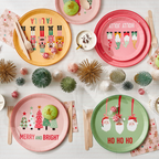 Multicolored Christmas large dinner plates with festive holiday designs from Parte Haus party supply store in Bethesda MD