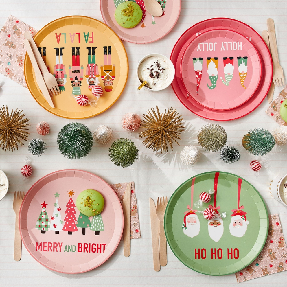 Multicolored Christmas large dinner plates with festive holiday designs from Parte Haus party supply store in Bethesda MD