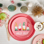 Multicolored Christmas dinner plates with gnome characters for Christmas from Parte Haus party supply store in Bethesda MD