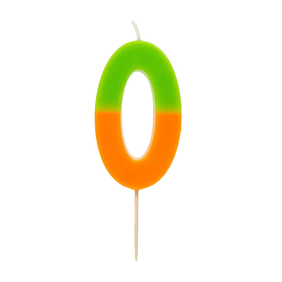 Multicolored number zero candle with green and orange design for birthday from Parte Haus party supply store in Bethesda MD