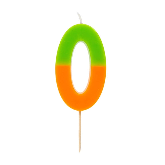 Multicolored number zero candle with green and orange design for birthday from Parte Haus party supply store in Bethesda MD