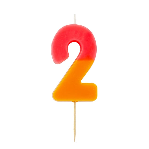 Multicolored number 2 candle with red and yellow for birthday from Parte Haus party supply store in Bethesda MD