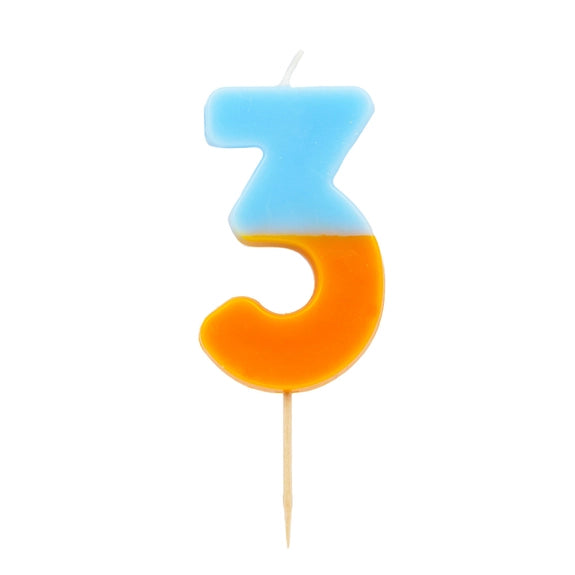 Blue and orange number three candle for birthday celebrations from Parte Haus party supply store in Bethesda MD.