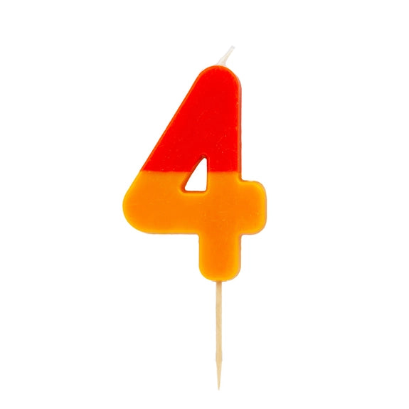 Multicolored number four candle red and yellow for birthday celebration from Parte Haus party supply store in Bethesda MD