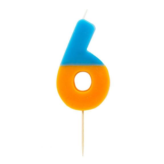 Blue and orange number six candle for birthday cake celebration from Parte Haus party supply store in Bethesda MD