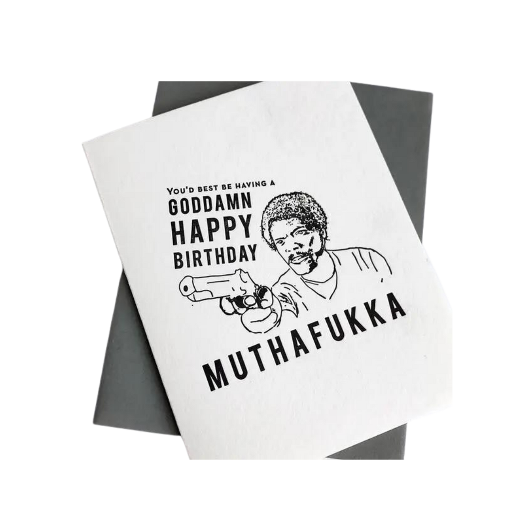 White letterpress birthday greeting card with bold black text and illustration for birthday from Parte Haus party supply store in Bethesda Maryland