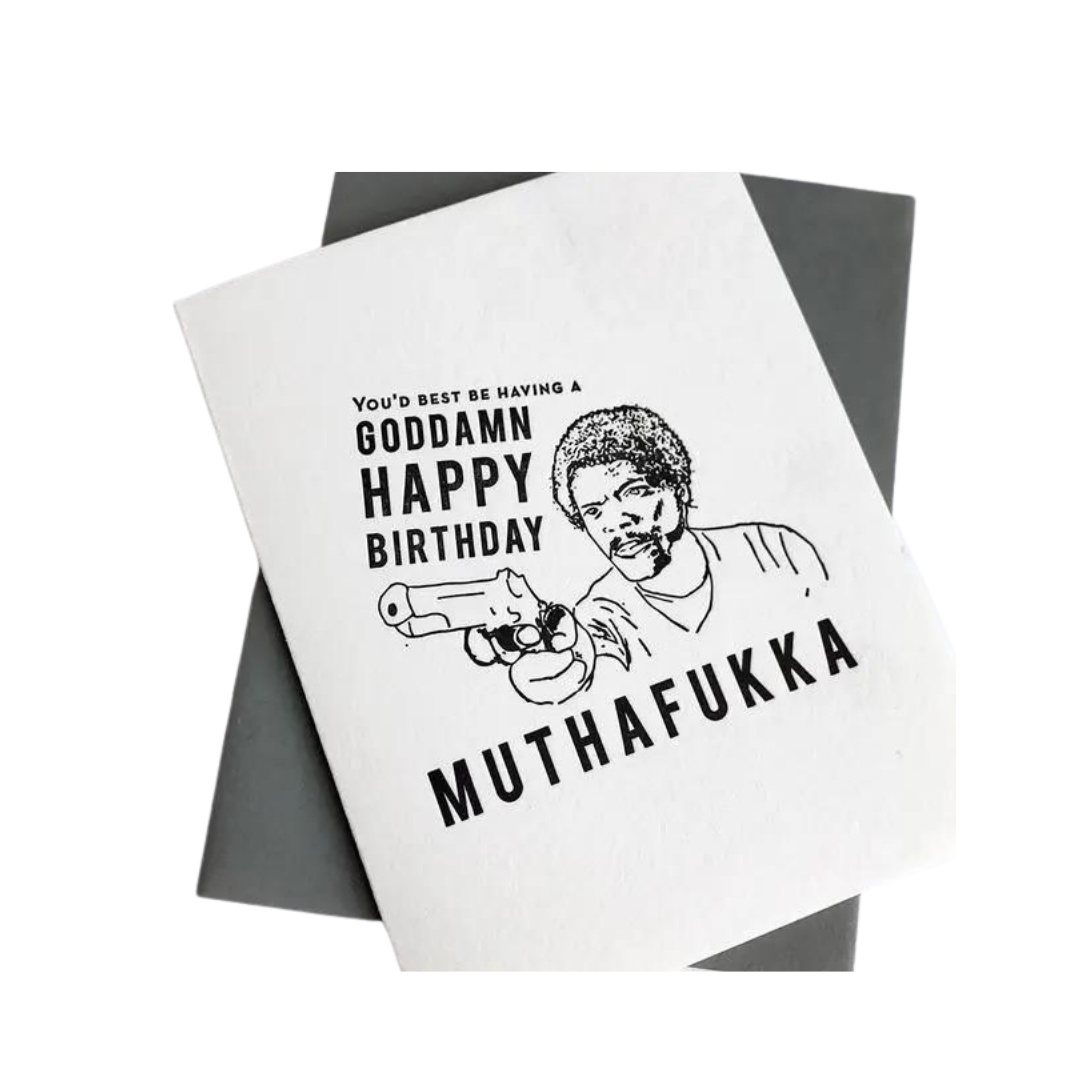 White letterpress birthday greeting card with bold black text and illustration for birthday from Parte Haus party supply store in Bethesda Maryland