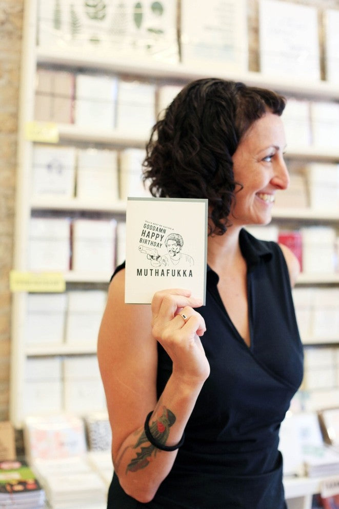 White letterpress birthday greeting card with bold text and illustration from Parte Haus party supply store in Bethesda MD