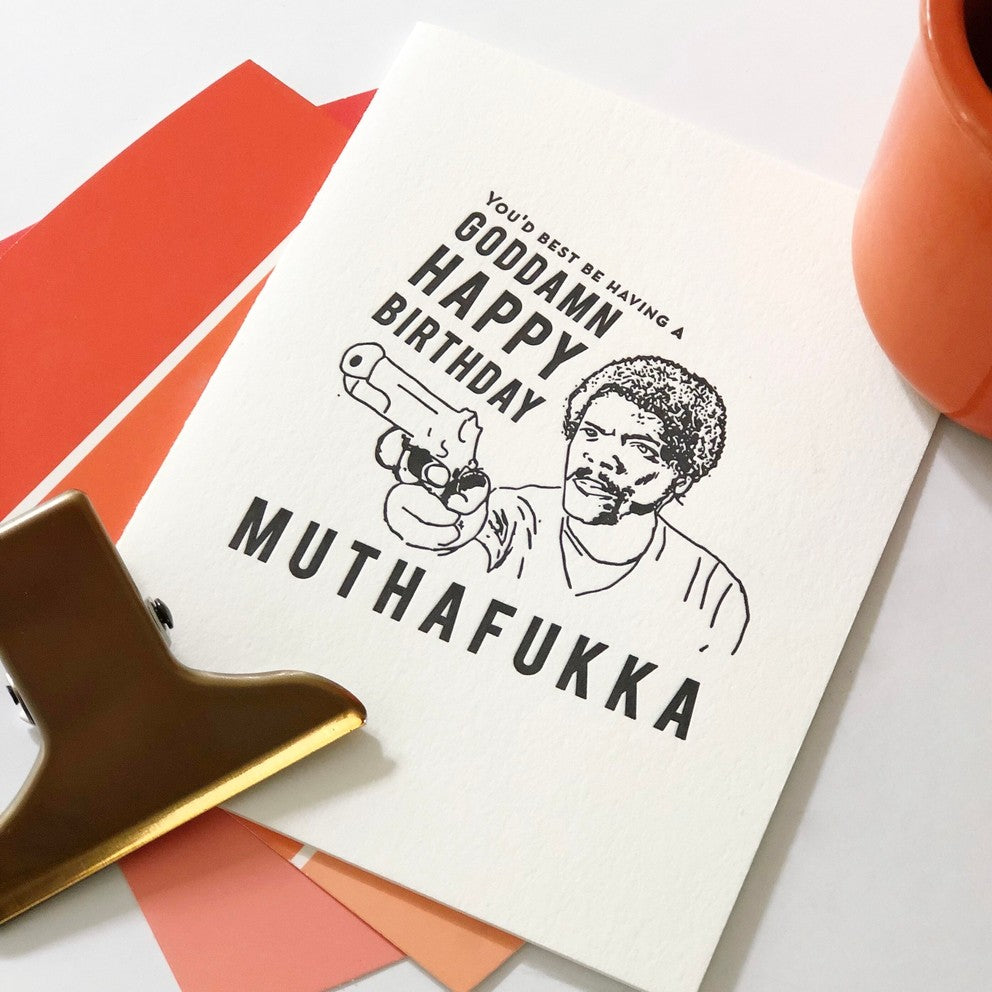 White letterpress birthday greeting card with bold black illustration and funny theme from Parte Haus party supply store in Bethesda MD.