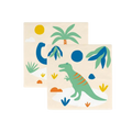 Beige dinosaur napkins with green and blue cartoon T rex and leaves Jurassic birthday from Parte Haus party supply store in Bethesda MD