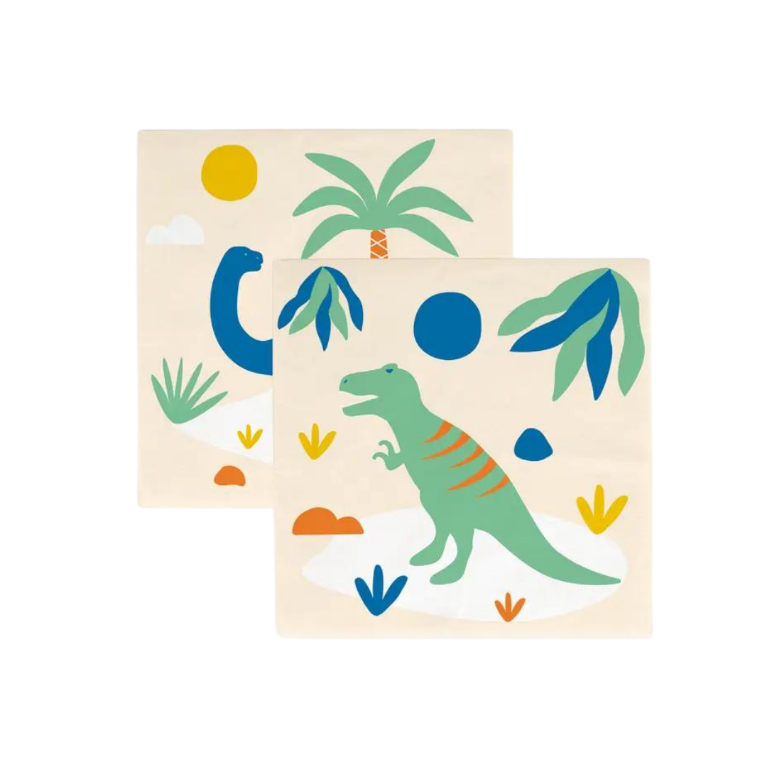 Beige dinosaur napkins with green and blue cartoon T rex and leaves Jurassic birthday from Parte Haus party supply store in Bethesda MD