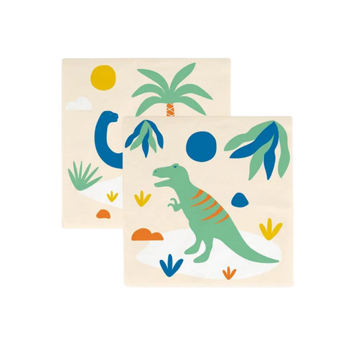 Beige dinosaur napkins with green and blue cartoon T rex and leaves Jurassic birthday from Parte Haus party supply store in Bethesda MD