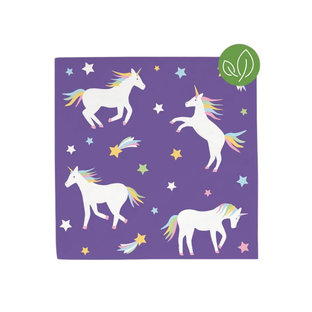 Purple unicorn napkin with rainbow stars for kids birthday from Parte Haus party supply store in Bethesda Maryland