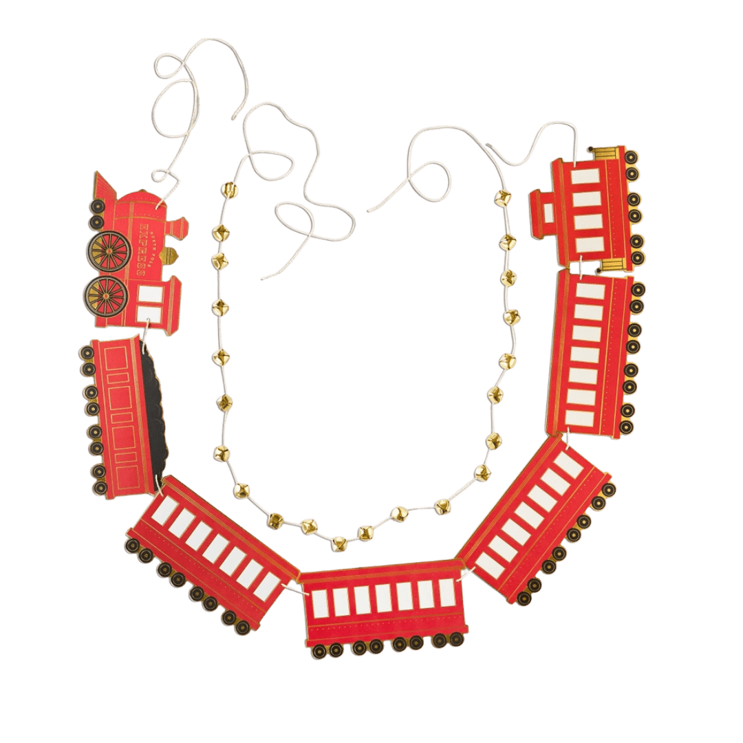 Red train garland decoration with gold beads for kids birthday from Parte Haus party supply store in Bethesda MD
