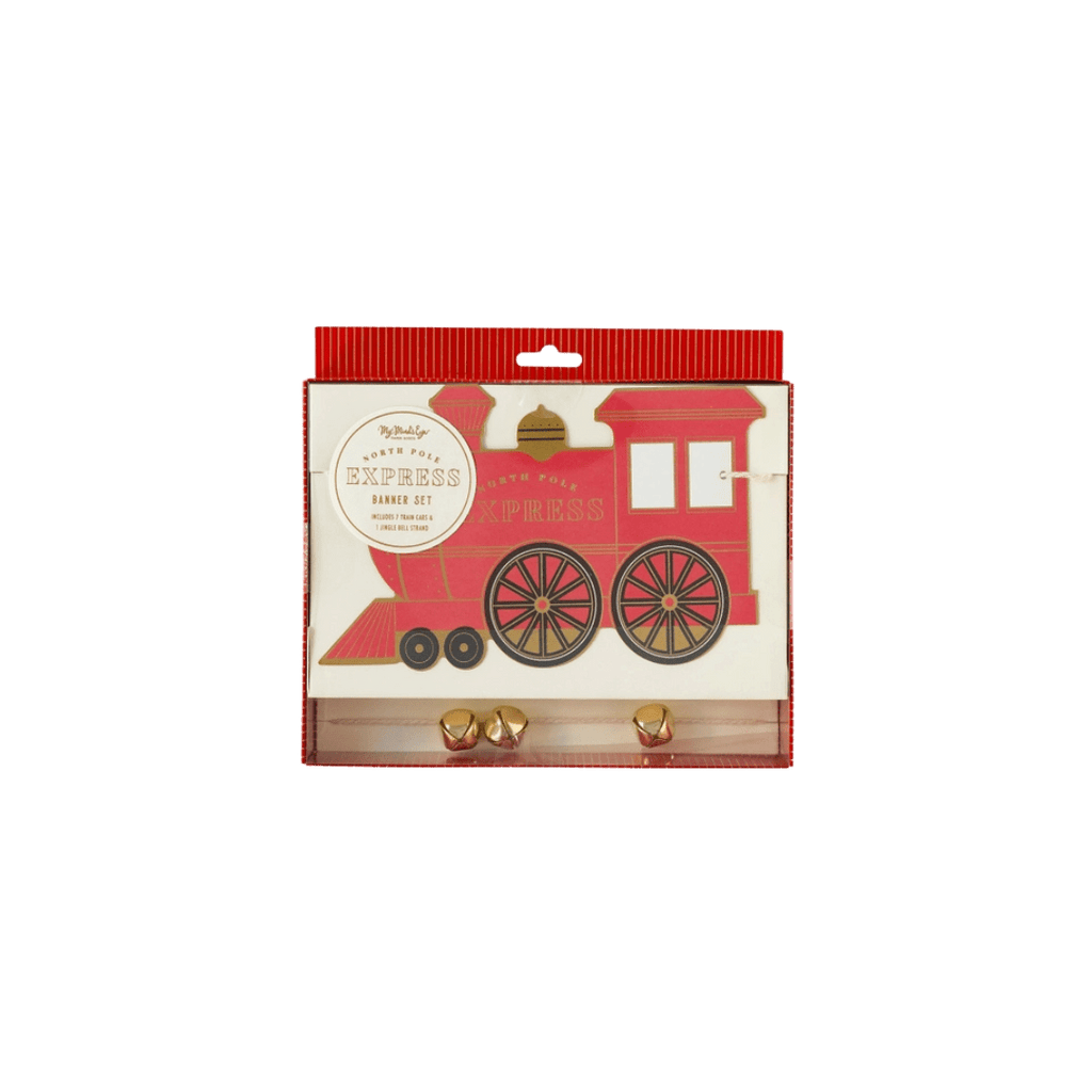 Red train banner Christmas holiday decoration with gold bells from Parte Haus party supply store in Bethesda Maryland