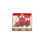 Red train banner Christmas holiday decoration with gold bells from Parte Haus party supply store in Bethesda Maryland