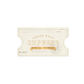 White gold Christmas ticket napkin with North Pole Express design holiday theme from Parte Haus party supply store in Bethesda MD