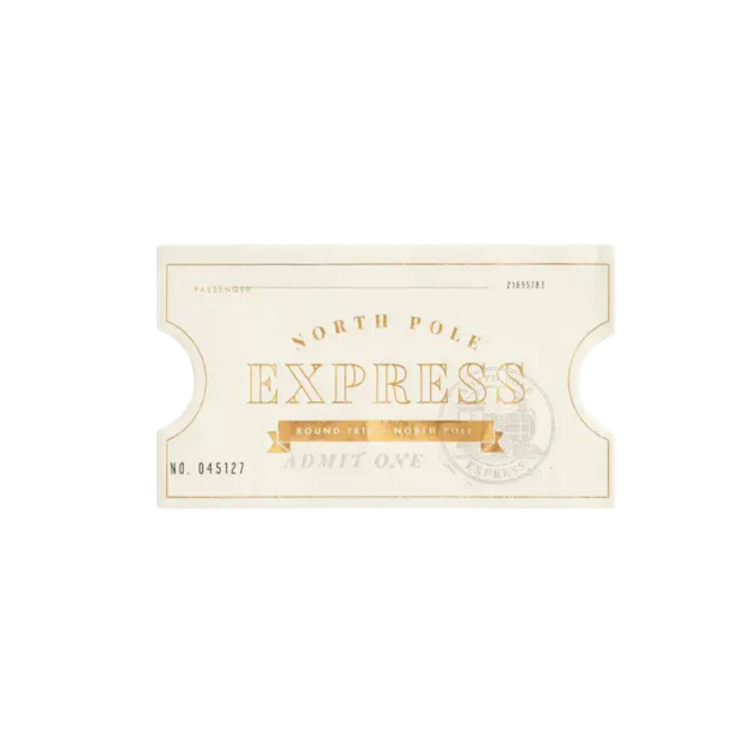 White gold Christmas ticket napkin with North Pole Express design holiday theme from Parte Haus party supply store in Bethesda MD