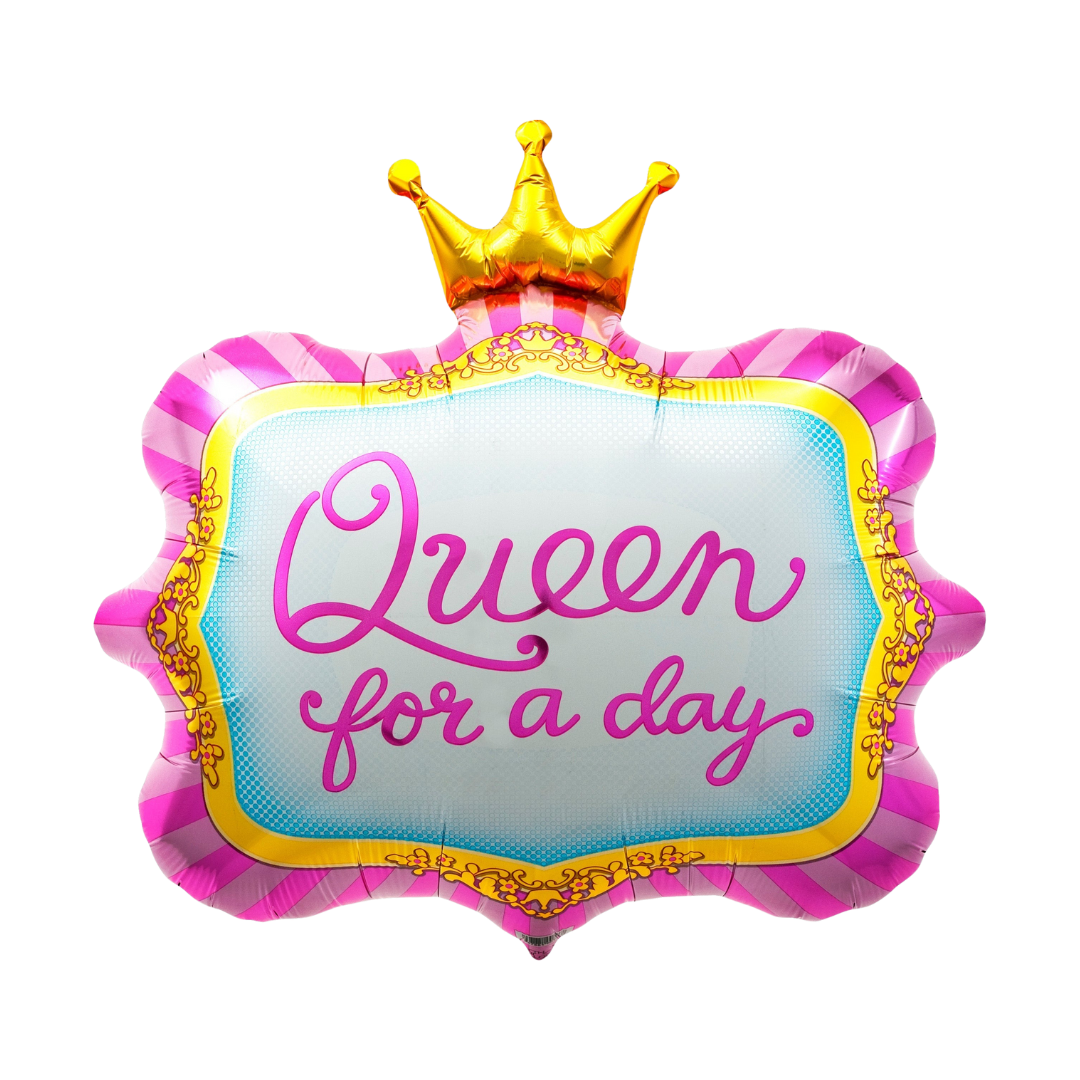 Pink and gold Queen for a day balloon with crown design birthday theme from Parte Haus party supply store in Bethesda MD