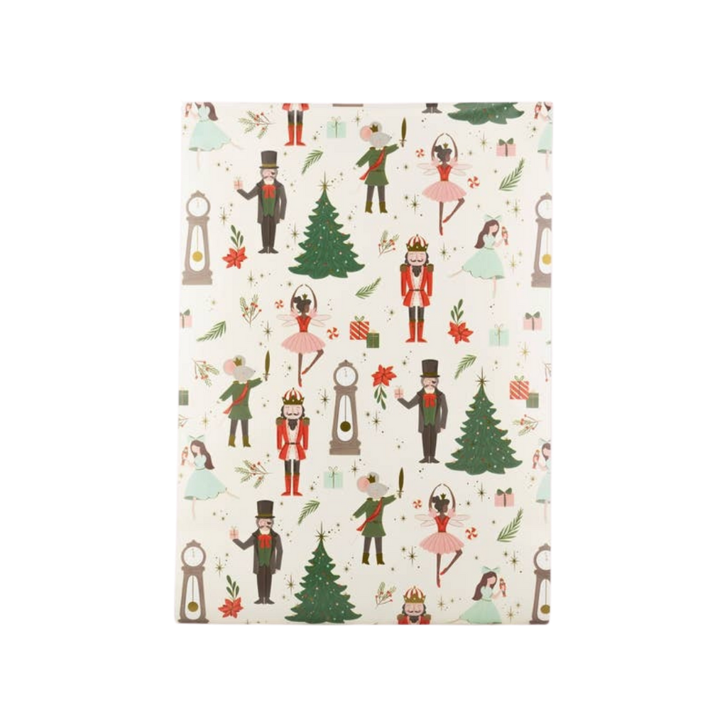 White Nutcracker wrapping paper with Christmas and ballet designs for holiday theme from Parte Haus party supply store in Bethesda Maryland