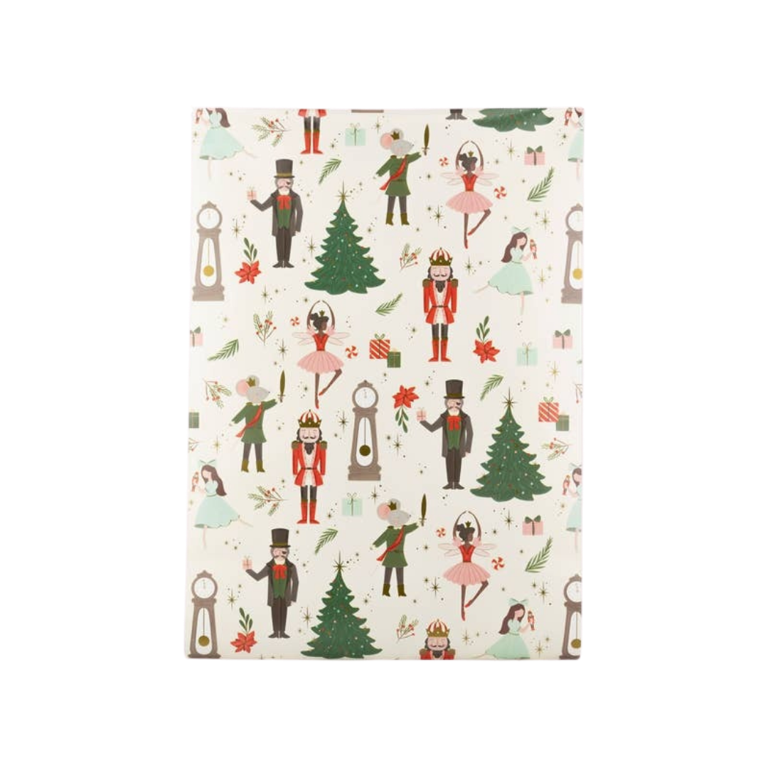 White Nutcracker wrapping paper with Christmas and ballet designs for holiday theme from Parte Haus party supply store in Bethesda Maryland