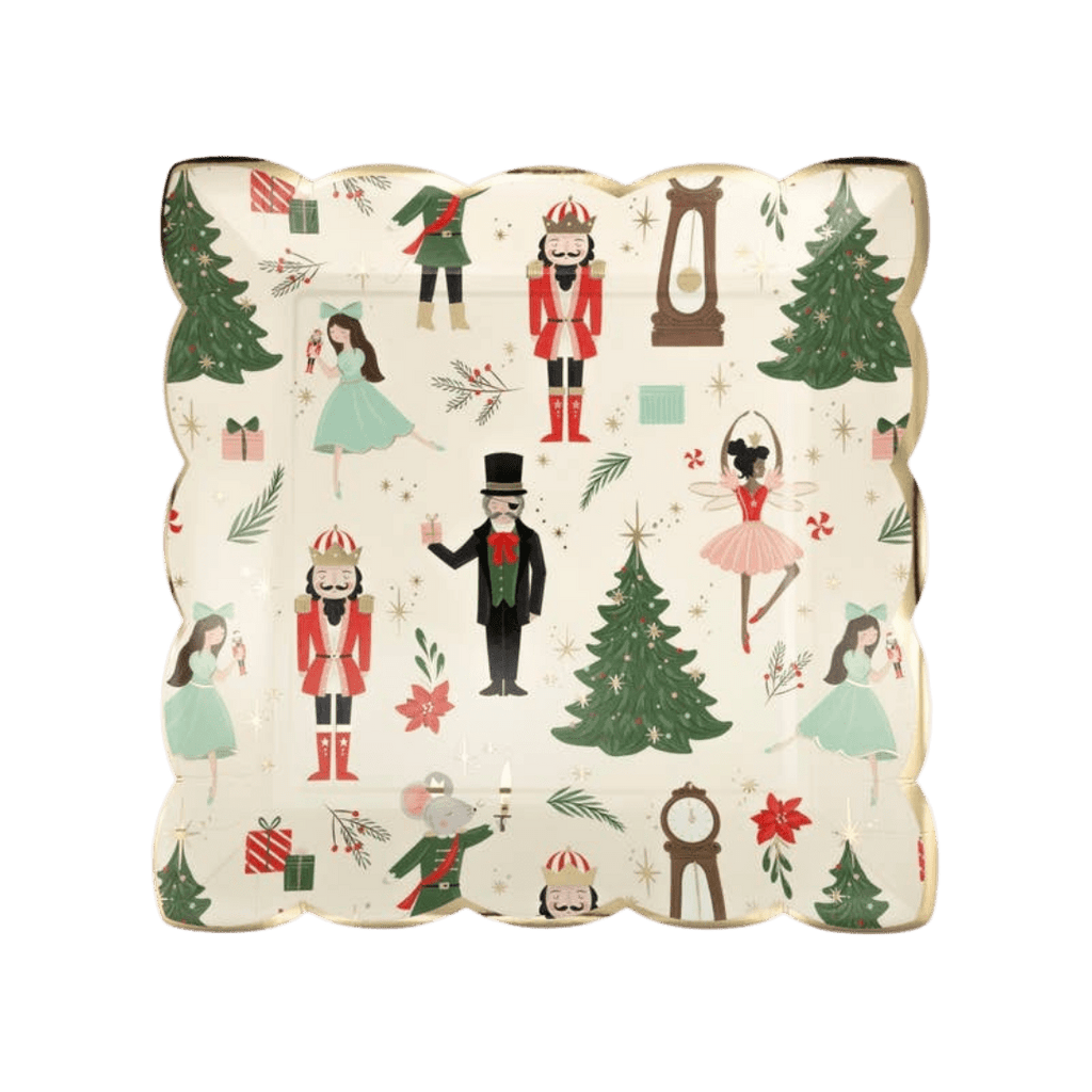 Red and green Nutcracker square plate with ballet and Christmas characters from Parte Haus party supply store in Bethesda MD